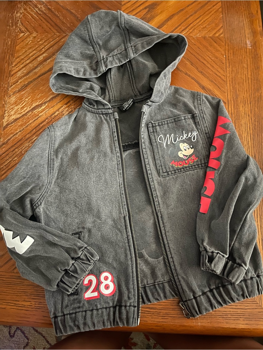 Disney Gray Hooded Jean Jacket with Red Accents and Mickey Graphic